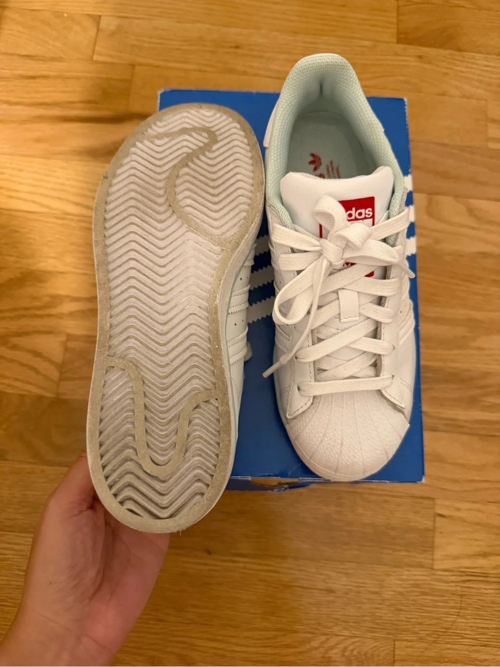 adidas Kids White Sneakers with Red Logo and Light Mint Lining